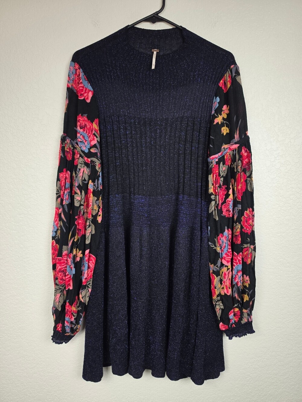 Free People Knit Dress with Floral Sheer Sleeves